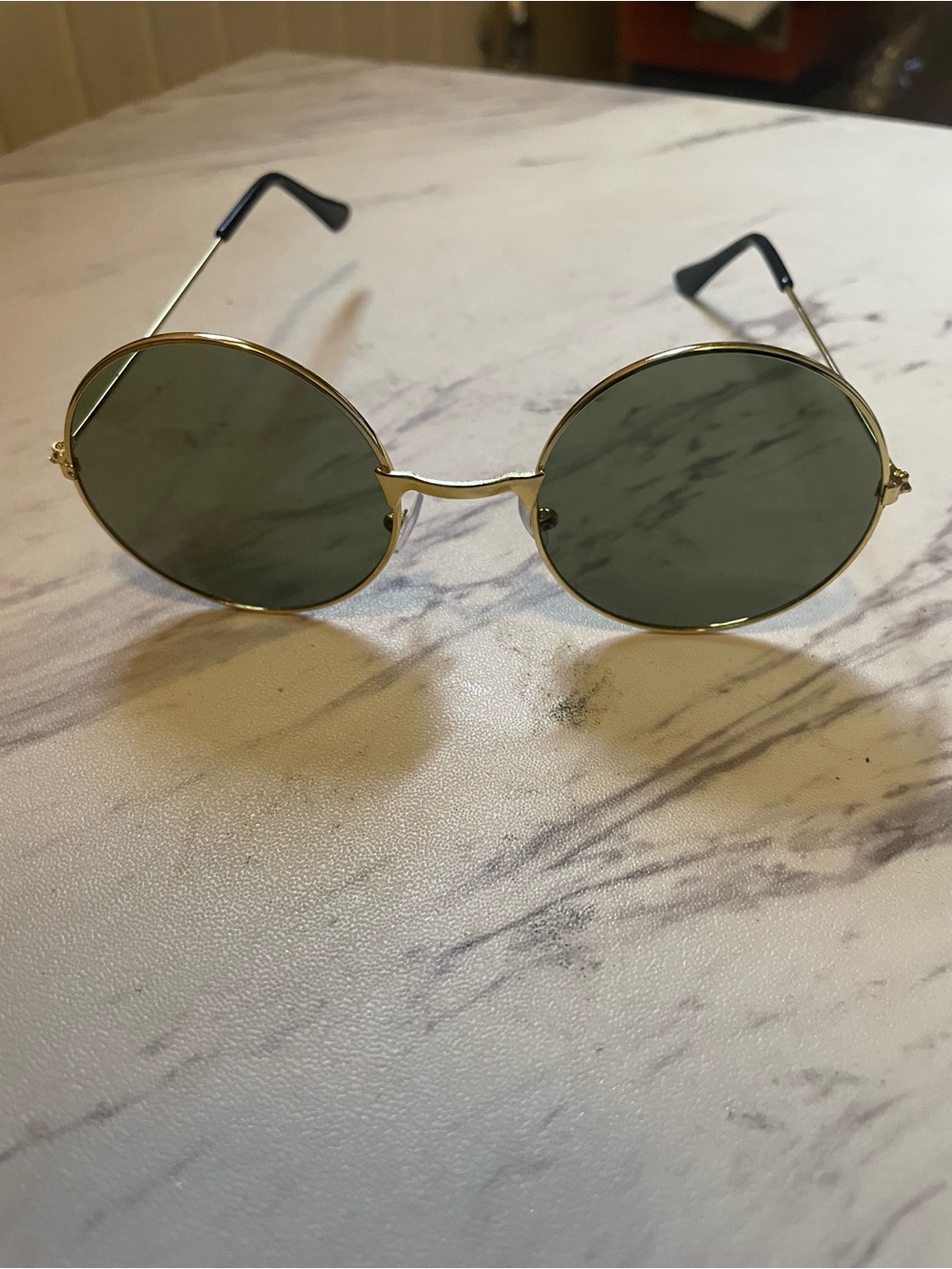 Gold Round Metal Sunglasses with Green Lenses for Women